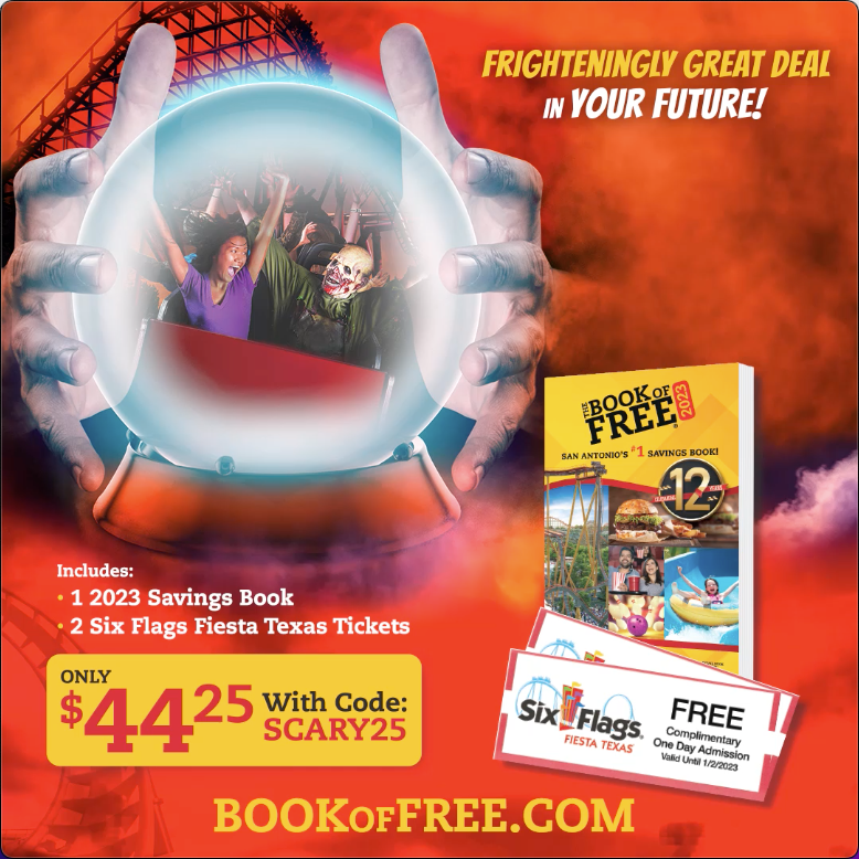 crystal ball with roller coaster inside and Book of Free with two Six Flags Fiesta Texas Tickets