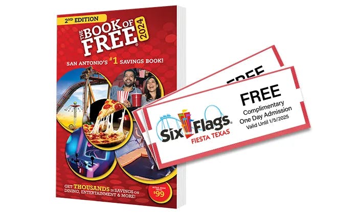 2024 Book of Free with 2 Six Flags Fiesta Texas Tickets